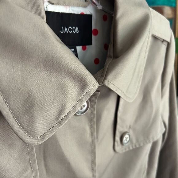 Jacob Y2K Tan Trench Jacket with Red Polka Dot Lining 3/4 Sleeves M - Picture 11 of 16